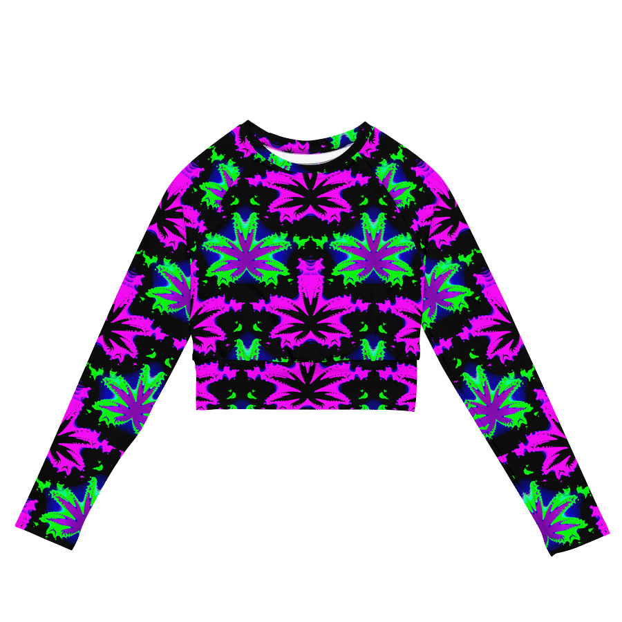 Neon Raver Reefer Stoner Summer Recycled Long-Sleeve Crop Top, Black Hot Pink Green Ganja Weed Shirt, 420 Cannabis Festival Pot Leaf Fashion product image (2)