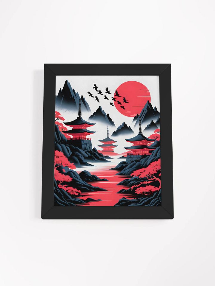 Japanese Pagodas and Red Sun Framed Print | Asian Landscape Wall Art product image (1)