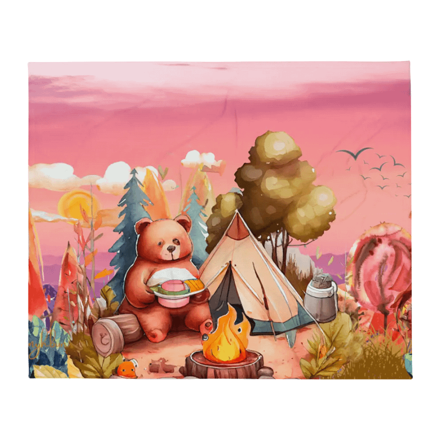 Camping Bear Throw Blanket | Cozy Jungle Campfire Scene | 2 Size Options product image (1)