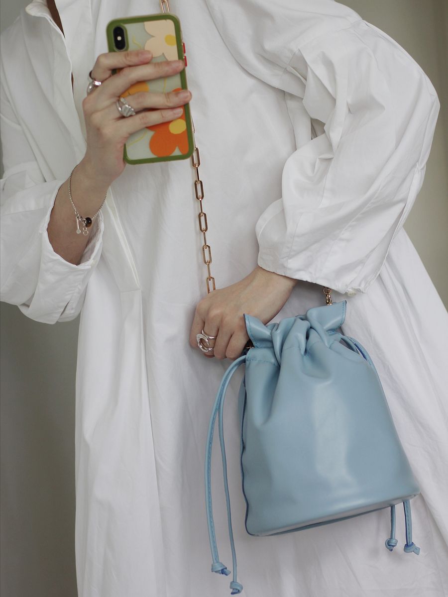 Sample Sale – Soft Leather Drawstring Bucket Bag – Light Blue product image (6)