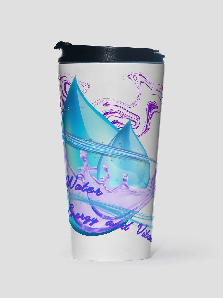 Travel mug with beautiful swirly blue water drops  featuring ' This water gives energy and vitality