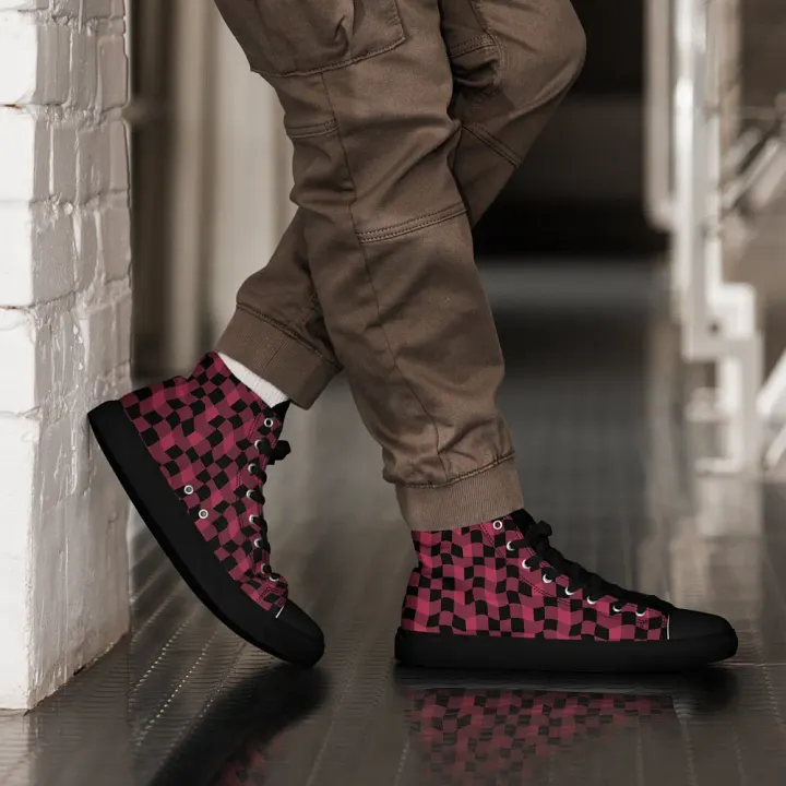 Magenta and Black Warped Checker Men's High Top Canvas Shoes product image (2)