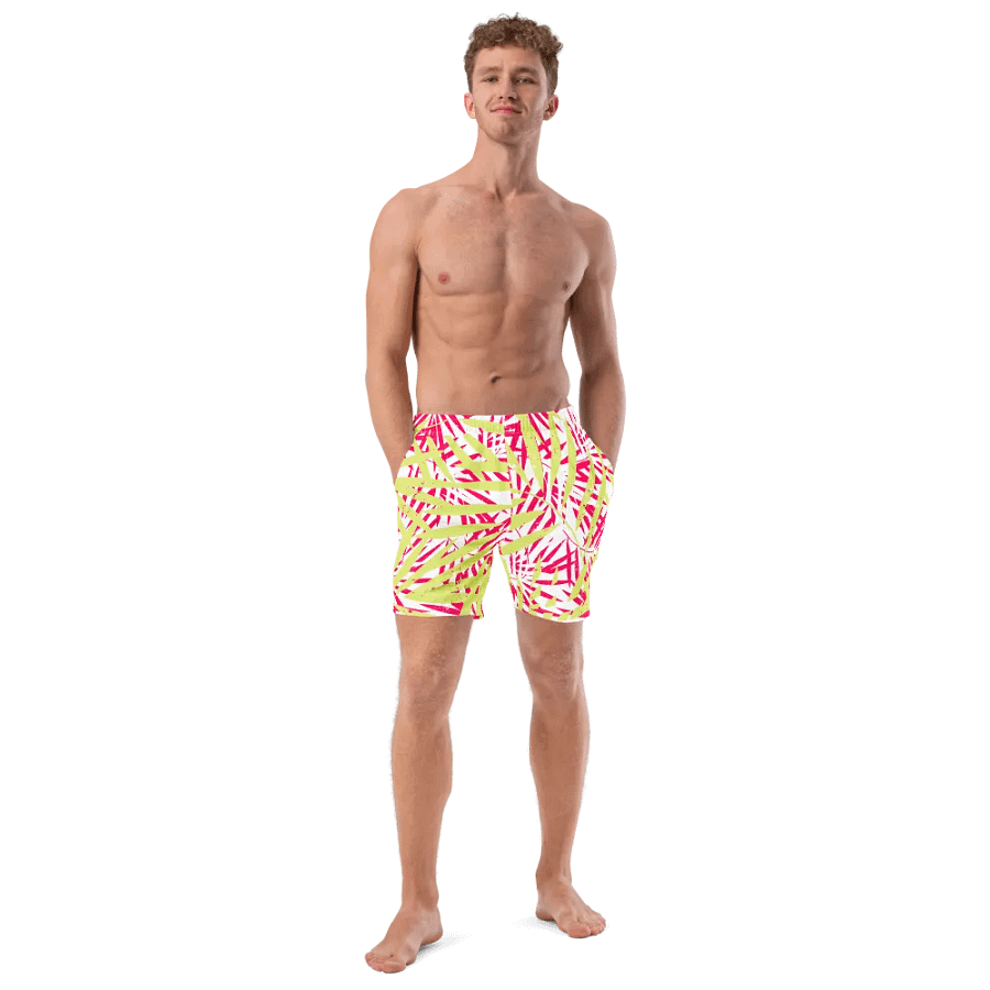 Mens swim trunks tropical yellow and orange   palm leaves design. Fresh and trendy ideal for summer product image (10)