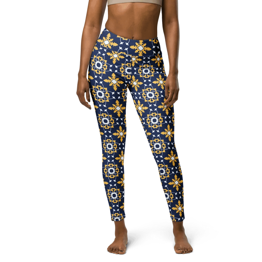 Bold Blue and Yellow Ornament Pattern High-Waist Leggings product image (4)