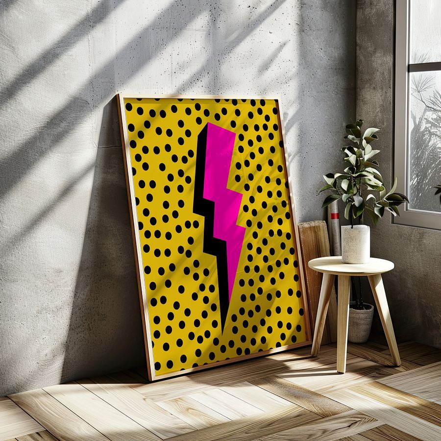 Pink Lightening Bolt on Yellow Dotted Retro Art Print product image (9)