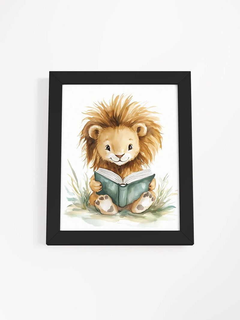 Cheerful Lion Cub Reading Framed Poster