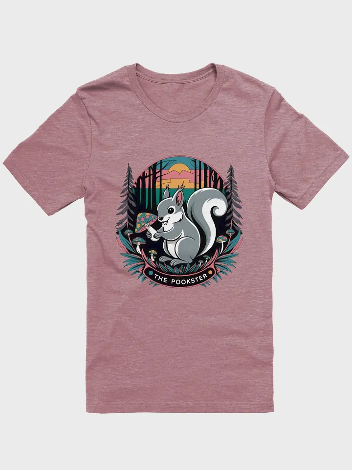 Supersoft and Flattering lightweight tee: Pookster in the woods with mushrooms and a sunset product image (1)