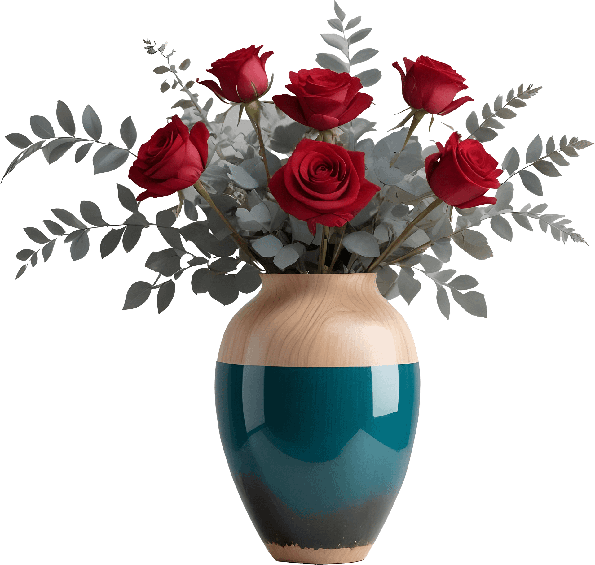 Elegant Teal and Wooden Vase with Red Rose Arrangement PNG product image (1)