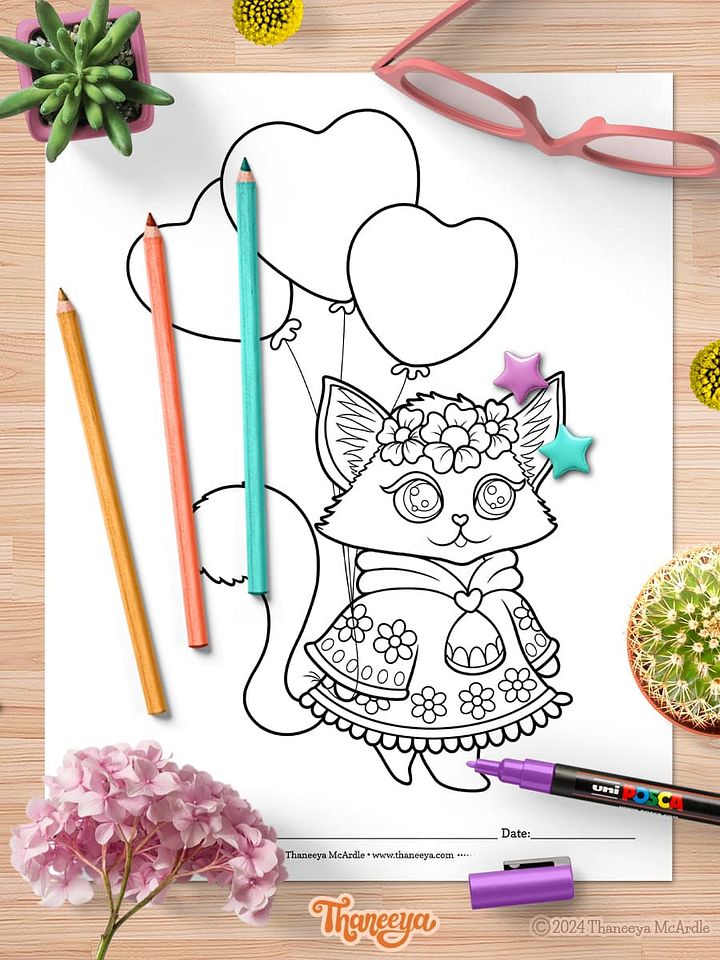 Cat with Heart Balloons - Single Coloring Page product image (1)