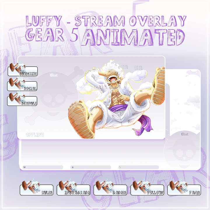 Gear 5 Stream overlay animated pack, Gear five stream pack, Gear 5 luffy overlay, One piece gear 5 luffy stream overlay animated pack product image (1)
