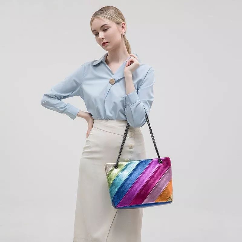 Women's bags contrast color stitching chain messenger bag rainbow shoulder bag product image (3)