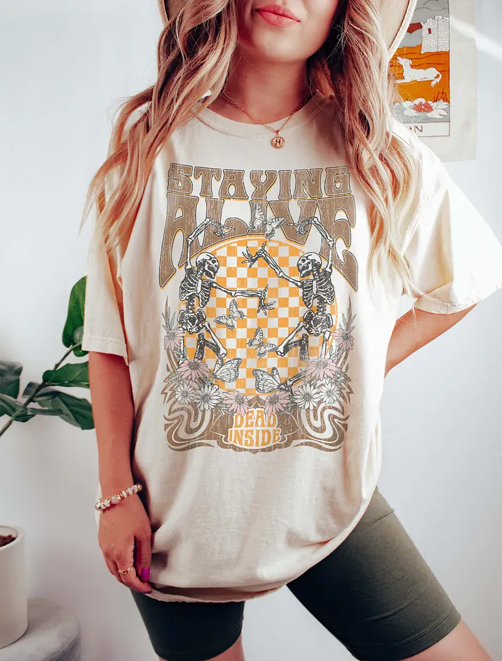 Staying Alive but Dead Inside T-Shirt | Funny Dancing Skeletons for Fall and Halloween product image (10)