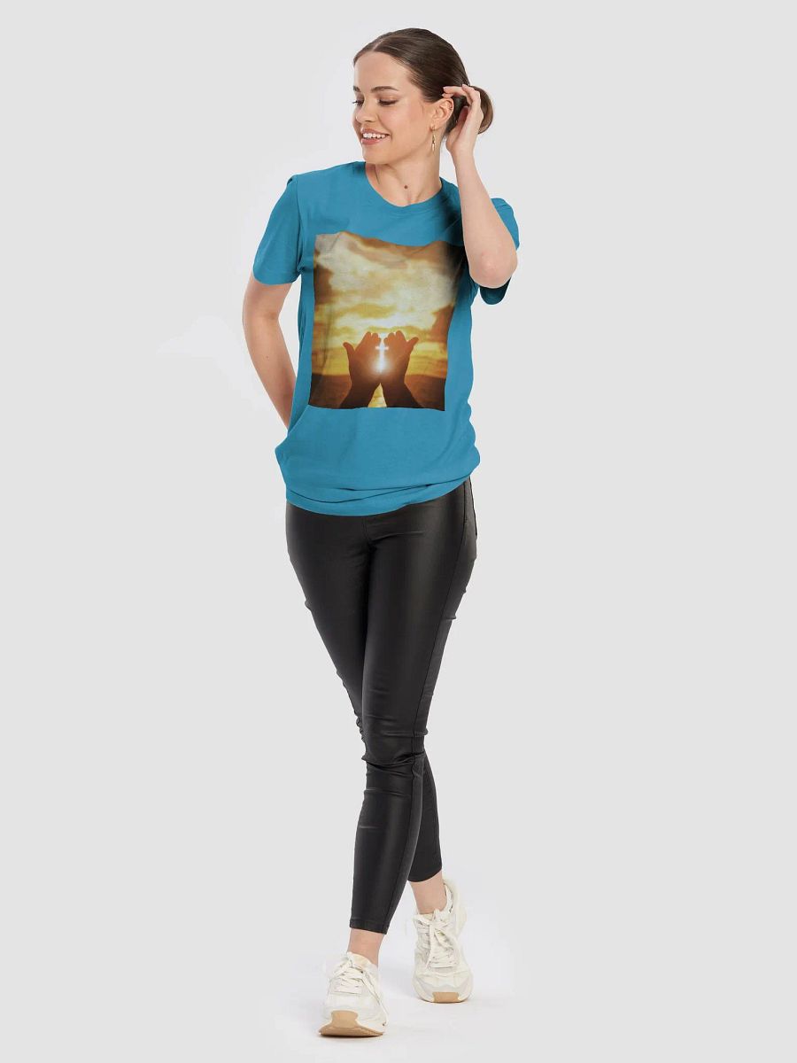Cupped hands holding a glowing cross silhouette t-shirt product image (3)