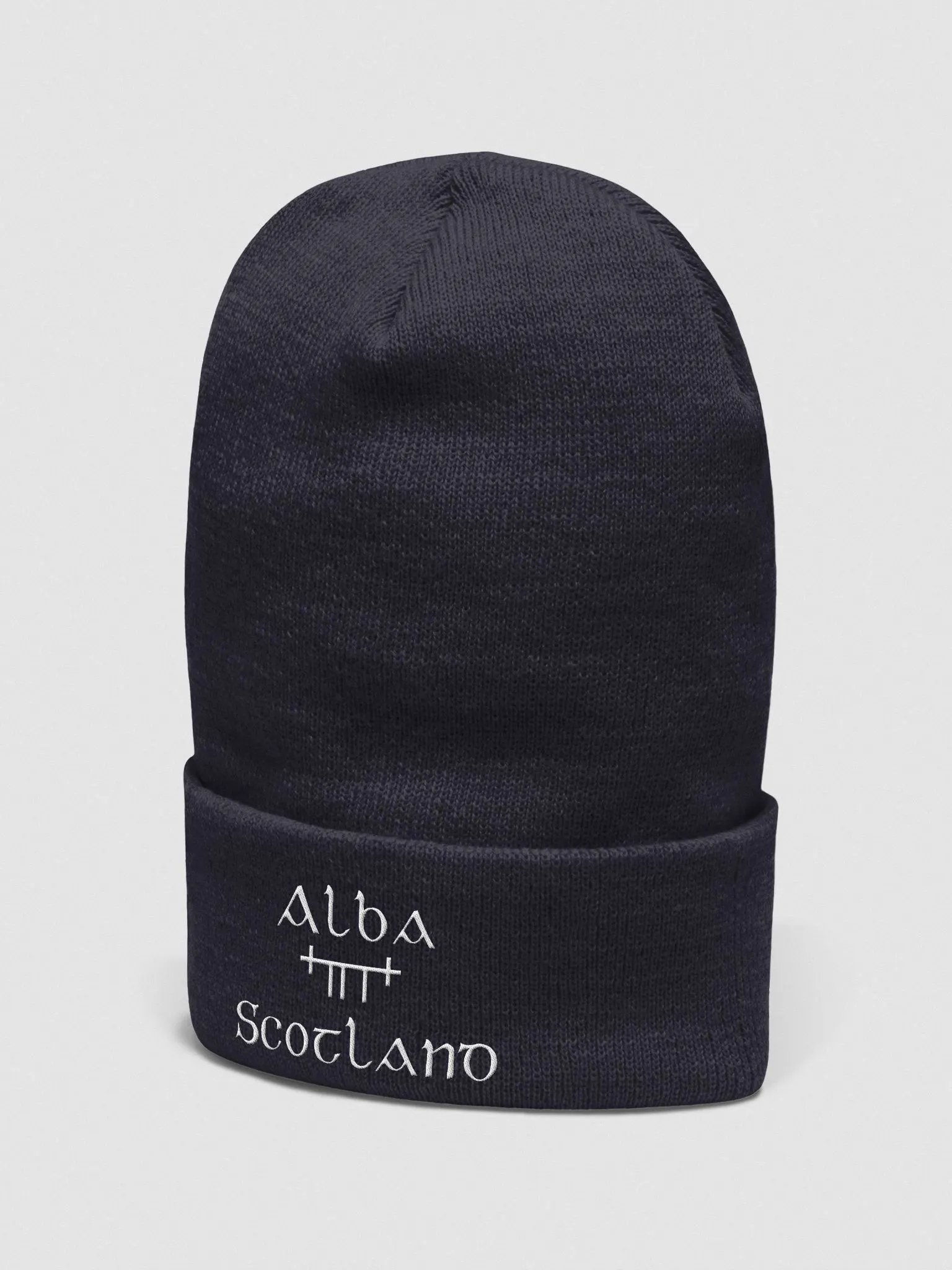 Scotland/Alba Orthodox style Ogham, Navy with white, embroidered Cuffed Beanie product image (3)