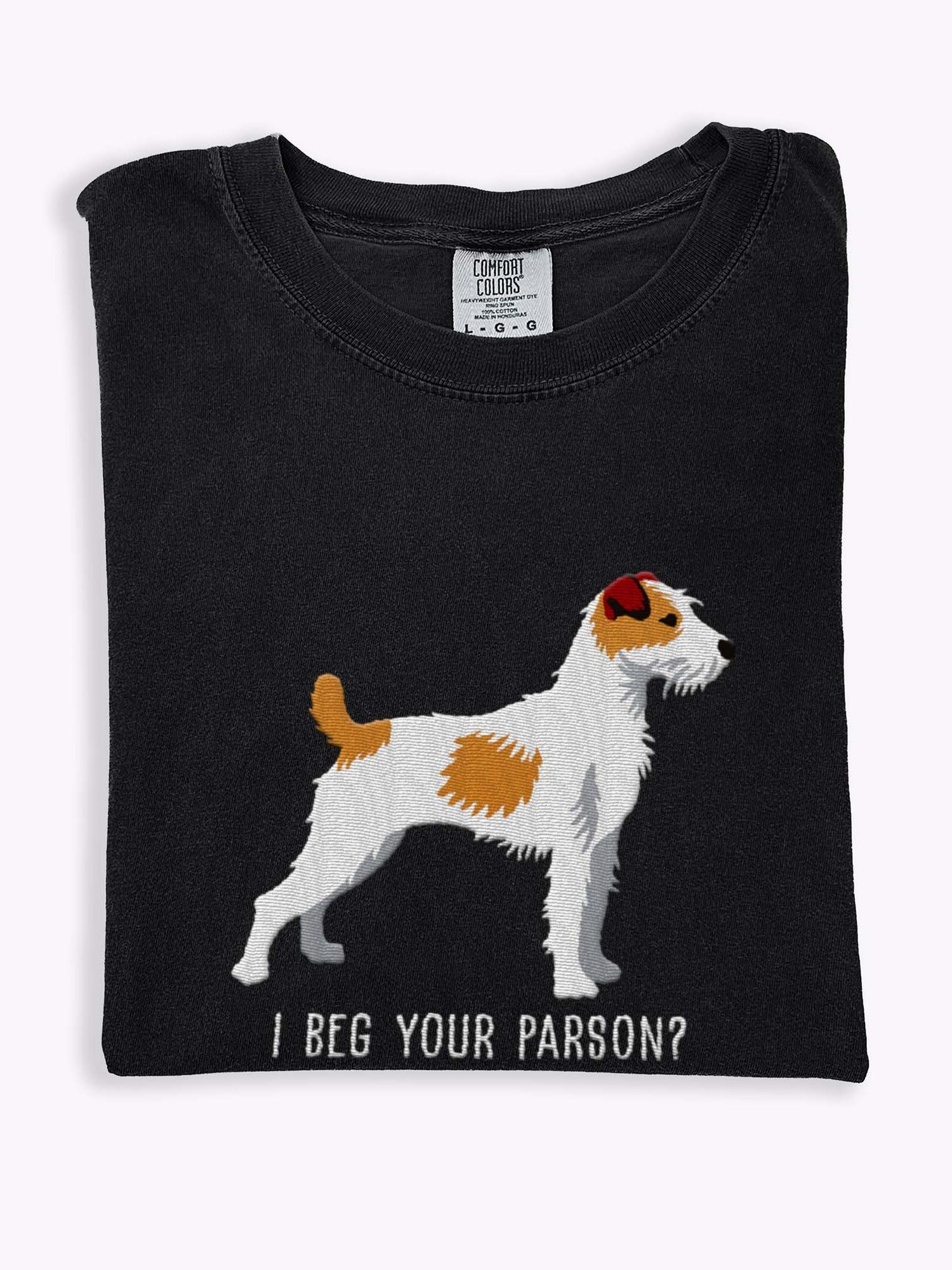 I Beg Your Parson? T-Shirt(Embroidered) of a Parson Russell Terrier(Brown & White) product image (1)