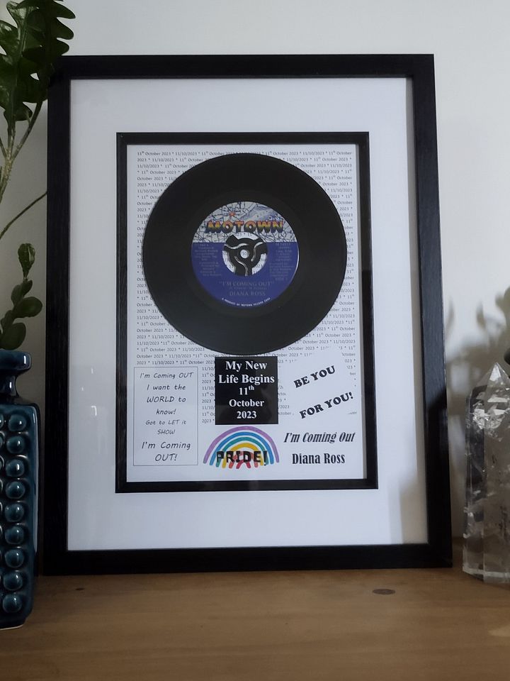 A Custom Vinyl Lyrics Print. A framed art decoration making it a gorgeous personalized music poster and 'coming out' party gift. Frame size 428x328mm. product image (1)