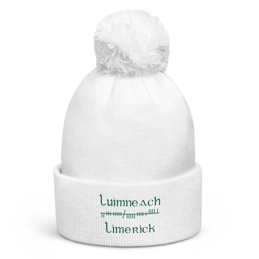 Limerick/Luimneach Orthodox style Ogham, white with green embroidered Pom-Pom Beanie product image (1)