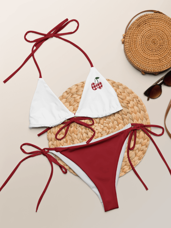 Gingham Cherry Low Rise Cheeky String Bikini With Red Bottoms product image (1)