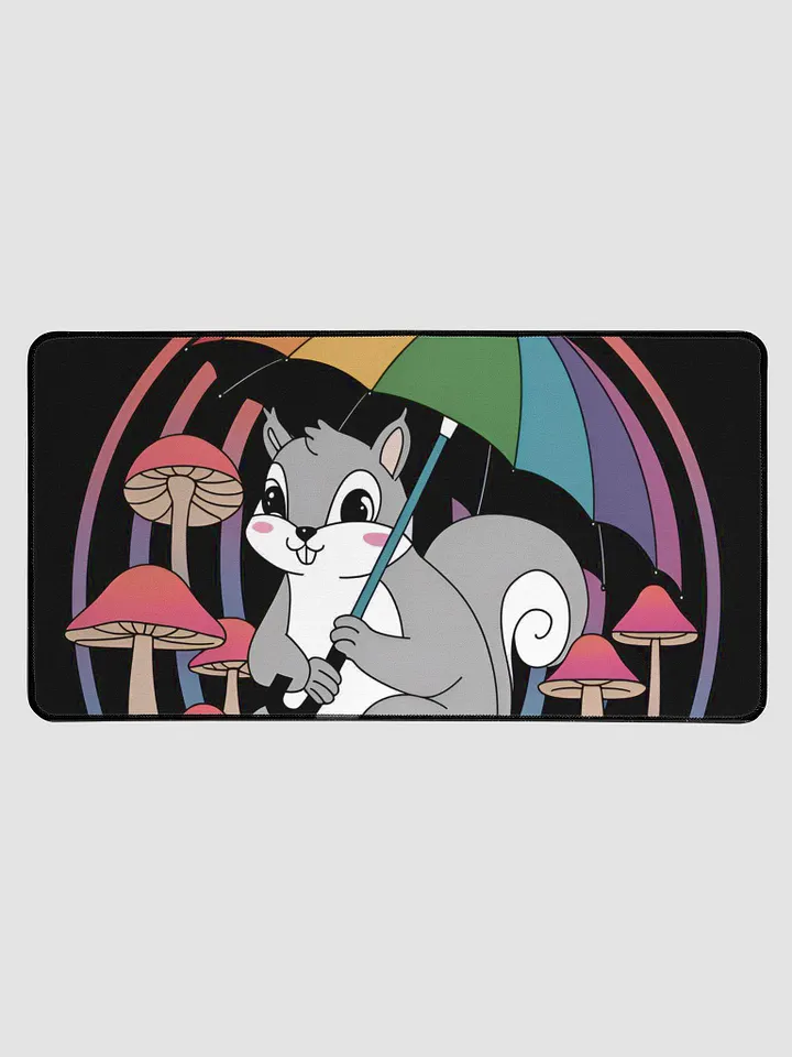 Desk Mat: Pooky Singing in the rain with his rainbow umbrella, surrounded by yummy mushrooms product image (1)