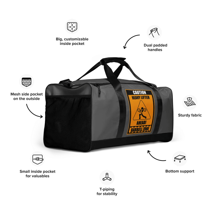 Caution Heavy Lifter Ahead-Barbell Zone Duffle Bag (Dark Gray and Black) product image (10)