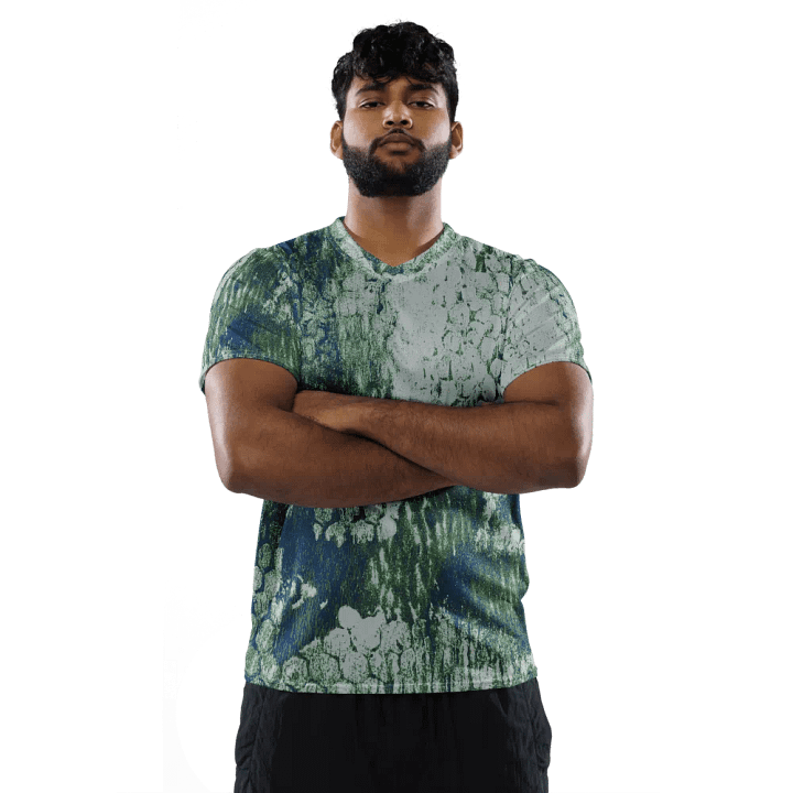 Honeycomb Grunge Unisex T-shirt in Mossy Green and Deep Blue on Bright Sand product image (2)