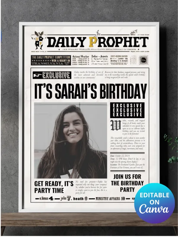 Magical Birthday Party Announcement Newspaper Daily Prophet Template I 100% Customizable product image (1)