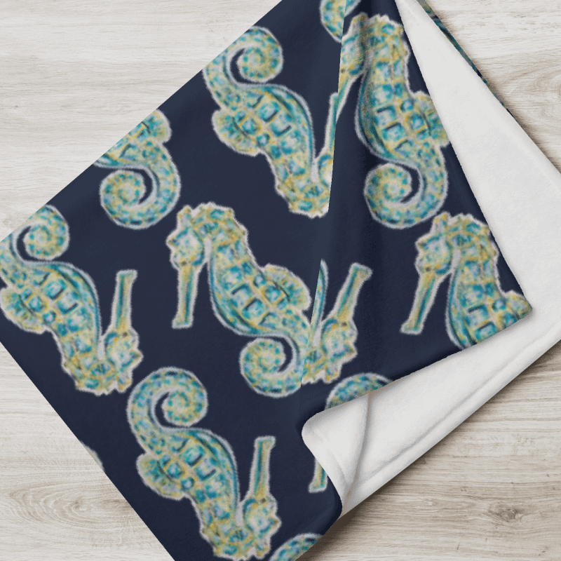 Painted Seahorses on Navy | Cozy Coastal Throw Blanket | by Monique Faella Designs™ product image (7)