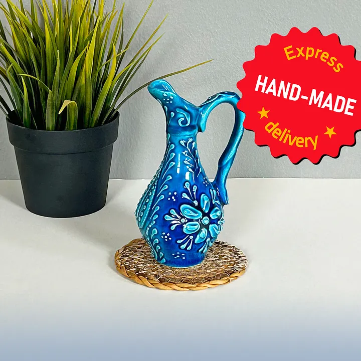 Ceramic turquoise jugs (bottle for oil), Turkish Iznik style (Ibrik vazo) — handmade pottery product image (1)