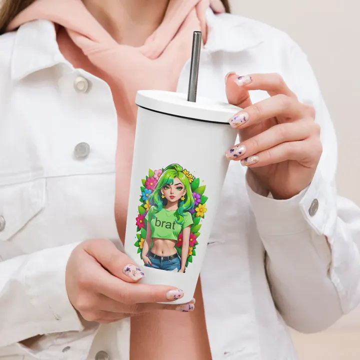 Brat 20 oz Tumbler Cup - White - Insulated Tumbler with a Straw v2 product image (2)