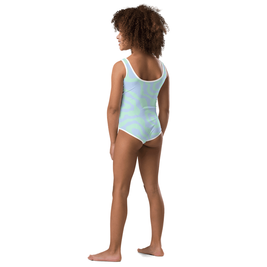 Girls' One-Piece Swimsuit | BOURNE to Cape Cod™ Front Logo | Coastal Kids Swimwear | Blue Logo on Pastel Zebra product image (3)