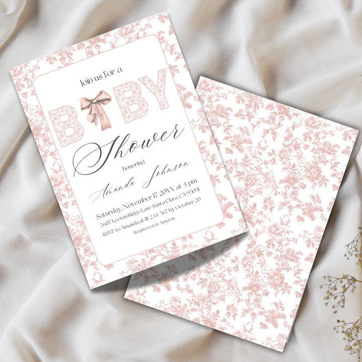 Pink Bow Toile de Jouy Baby Shower Invitation, Chinoiserie Floral Themed Girl Baby Shower Invite for Digital Download | Canva Template product image (2)