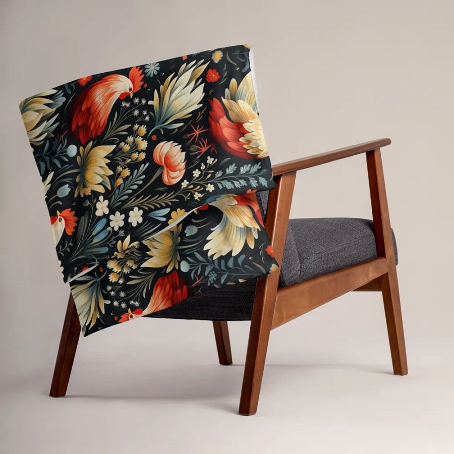 Floral Rooster Blanket - Blue & Red product image (4)