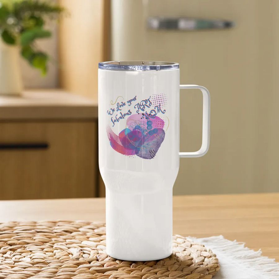 Travel Mug with handle with beautiful arty design, featuring ' Love Your fabulous Art