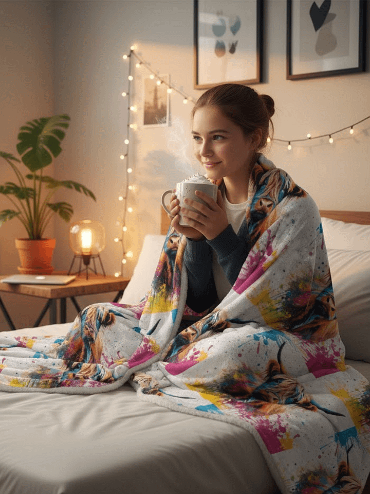 Multi Coloured Paint Splash Highland Cow Blanket product image (1)