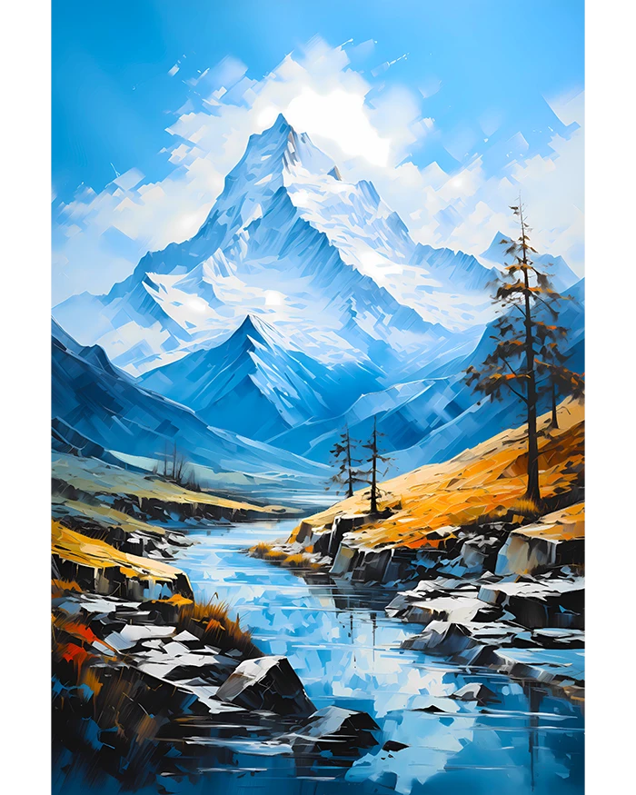 Alpine Serenity: River Flowing from Snowy Mountain Peak Matte Poster product image (1)