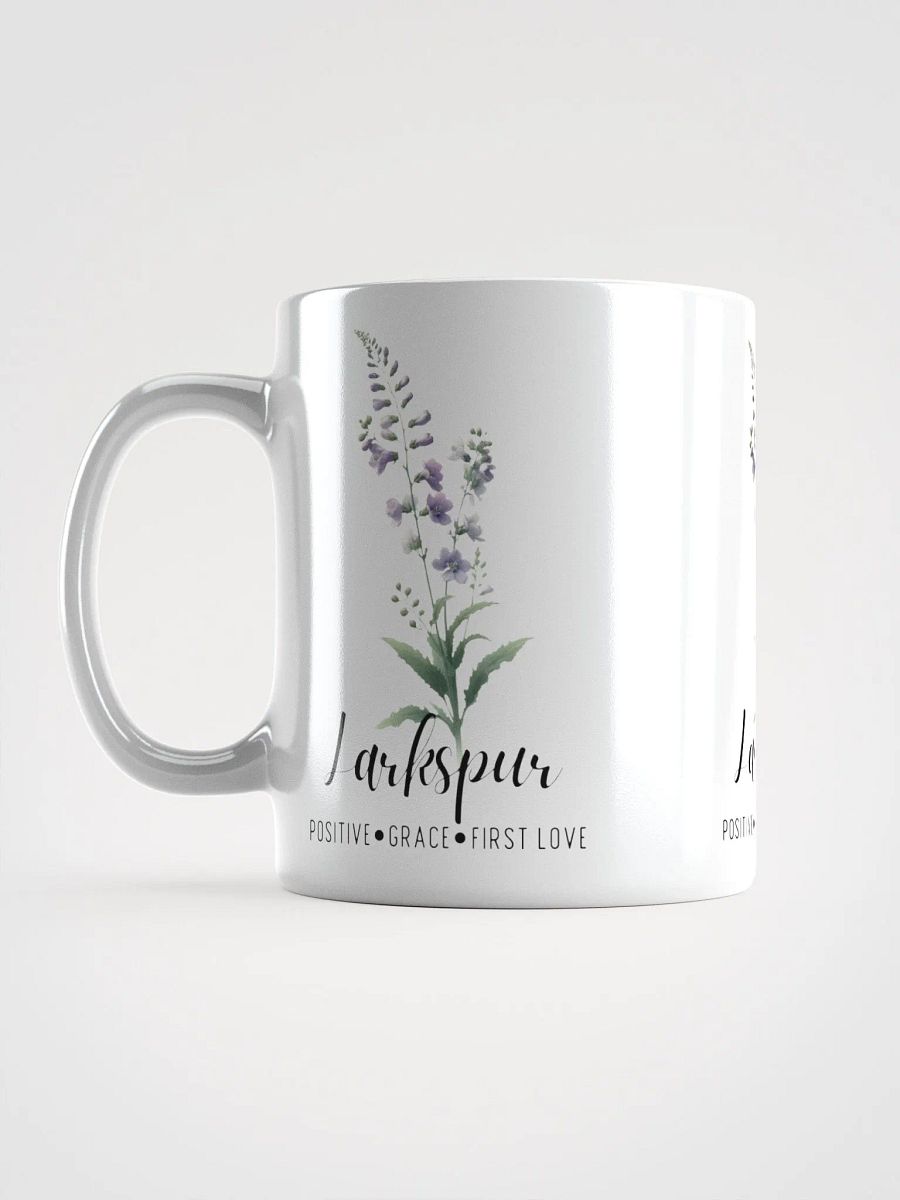 Larkspur Ceramic White Mug: Positive, Grace, First Love, July Birth Month Flower product image (8)
