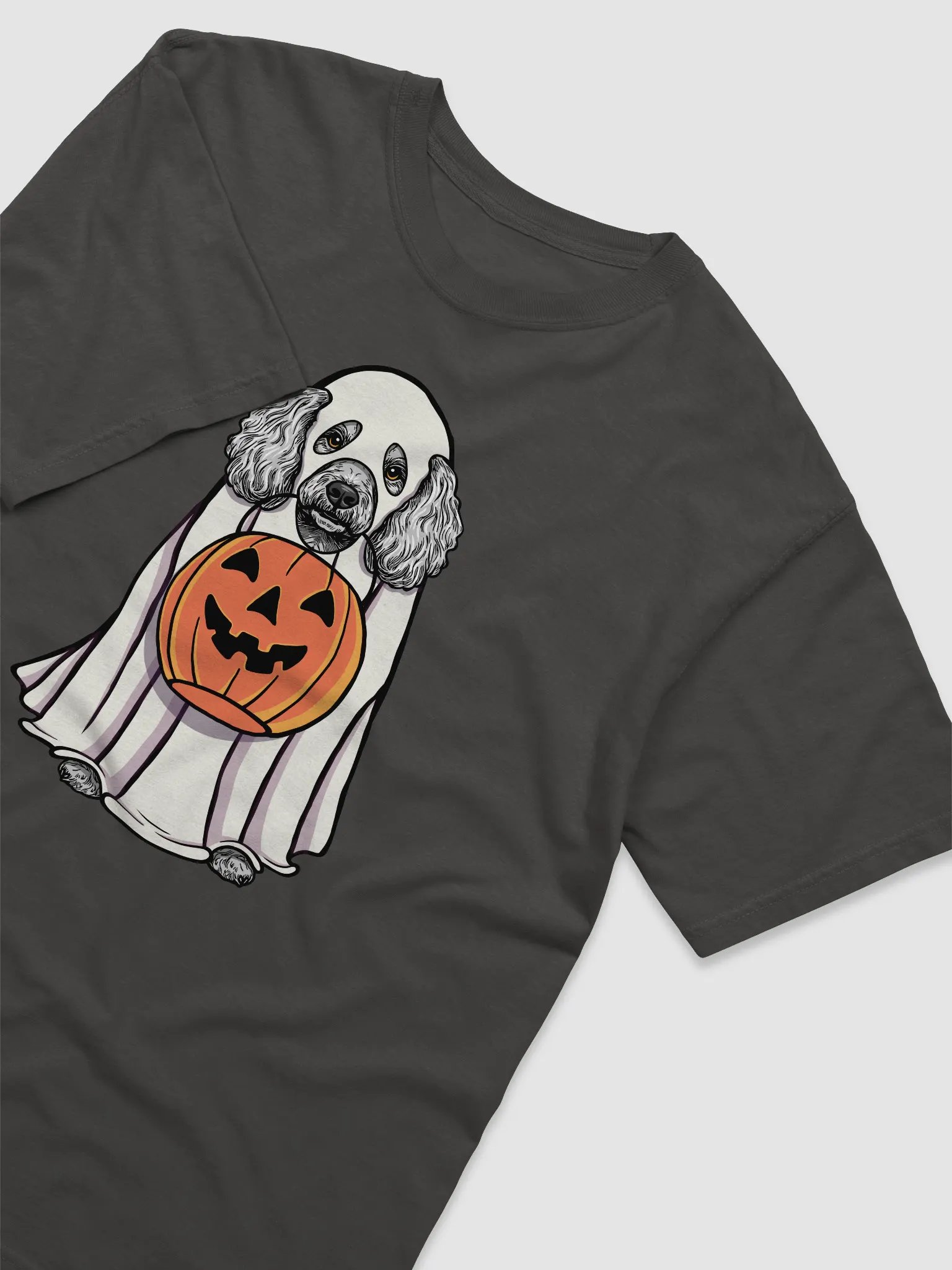 Funny Halloween Mini Poodle(Gray) T-Shirt | Funny Poodle Wearing a Ghost Costume and Holding a Pumpkin Basket product image (6)