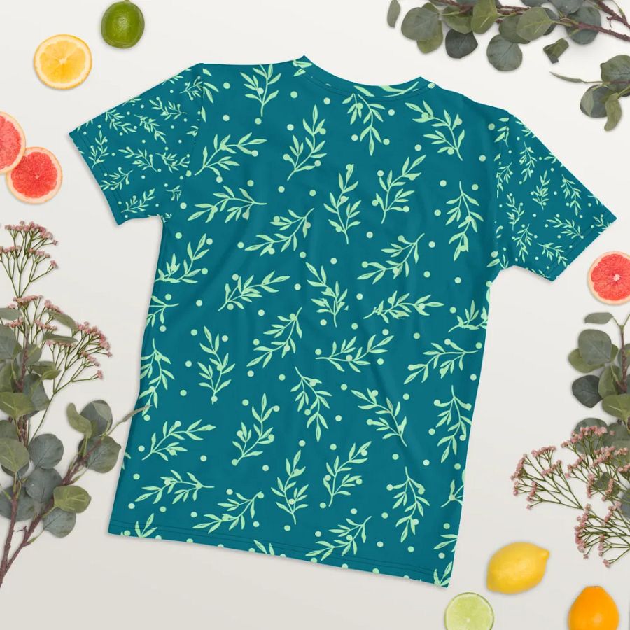 Ladies T shirt all over print teal color  leafy design  giving a fresh healthy feel for outdoor activity or outing. product image (12)