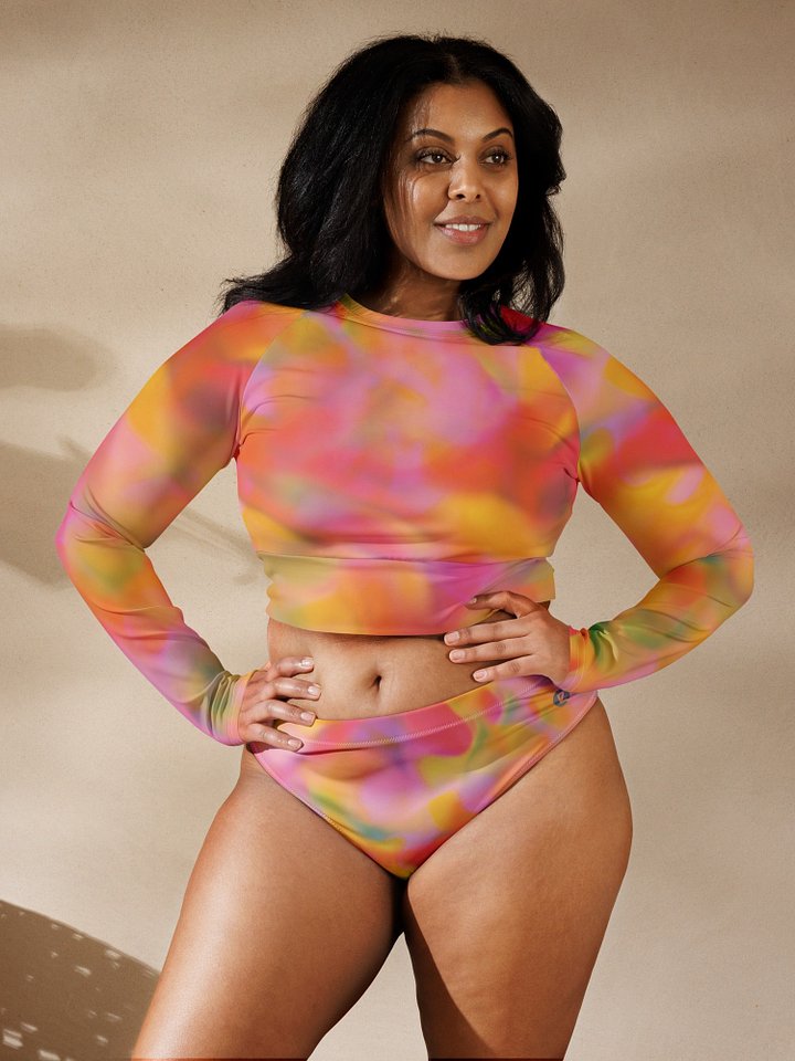 Recycled long-sleeve crop top "Sweet Pastel Tie Dye in Orange Light Pink" product image (2)