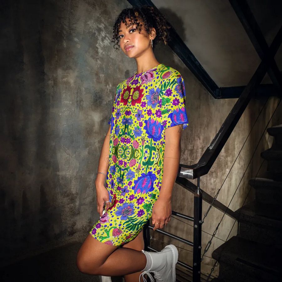 Abstract Vibrant Flower Garden Ladies T Shirt Dress product image (12)