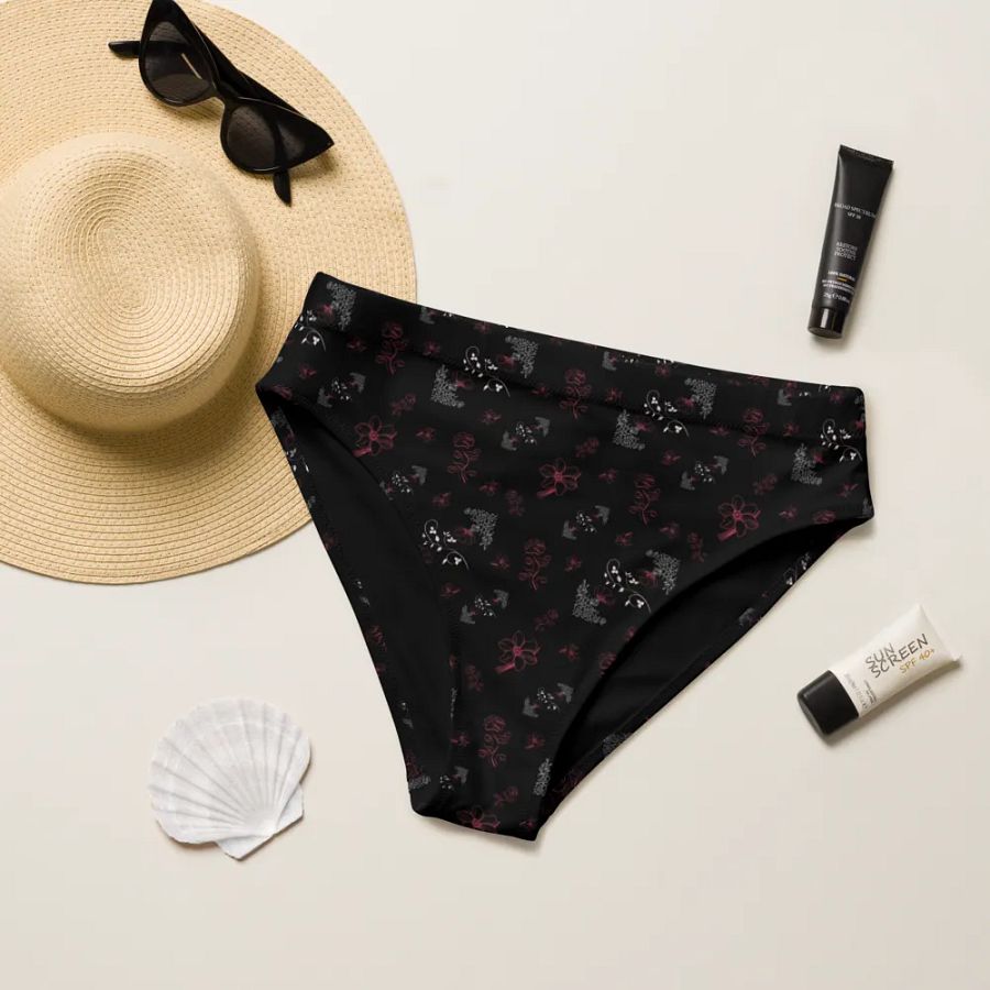 Magenta and White Flowers on Black Eco-Green Bikini Swimsuit Bottoms product image (5)