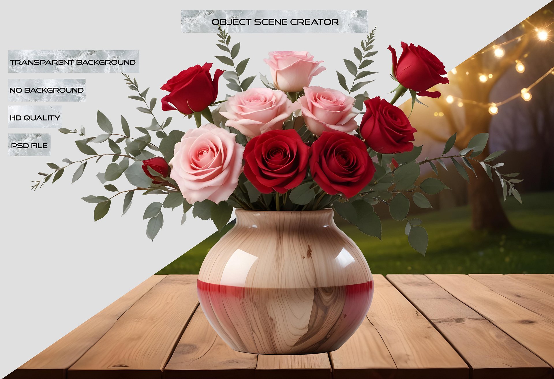 Romantic Wooden Vase with Roses - PNG product image (2)