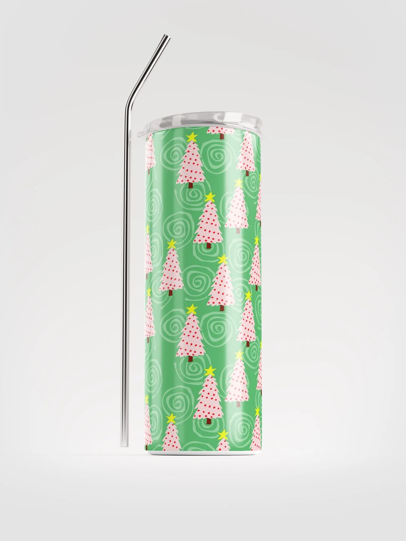 Pink Christmas Trees on Green Spirals Stainless Steel Tumbler with Straw product image (8)