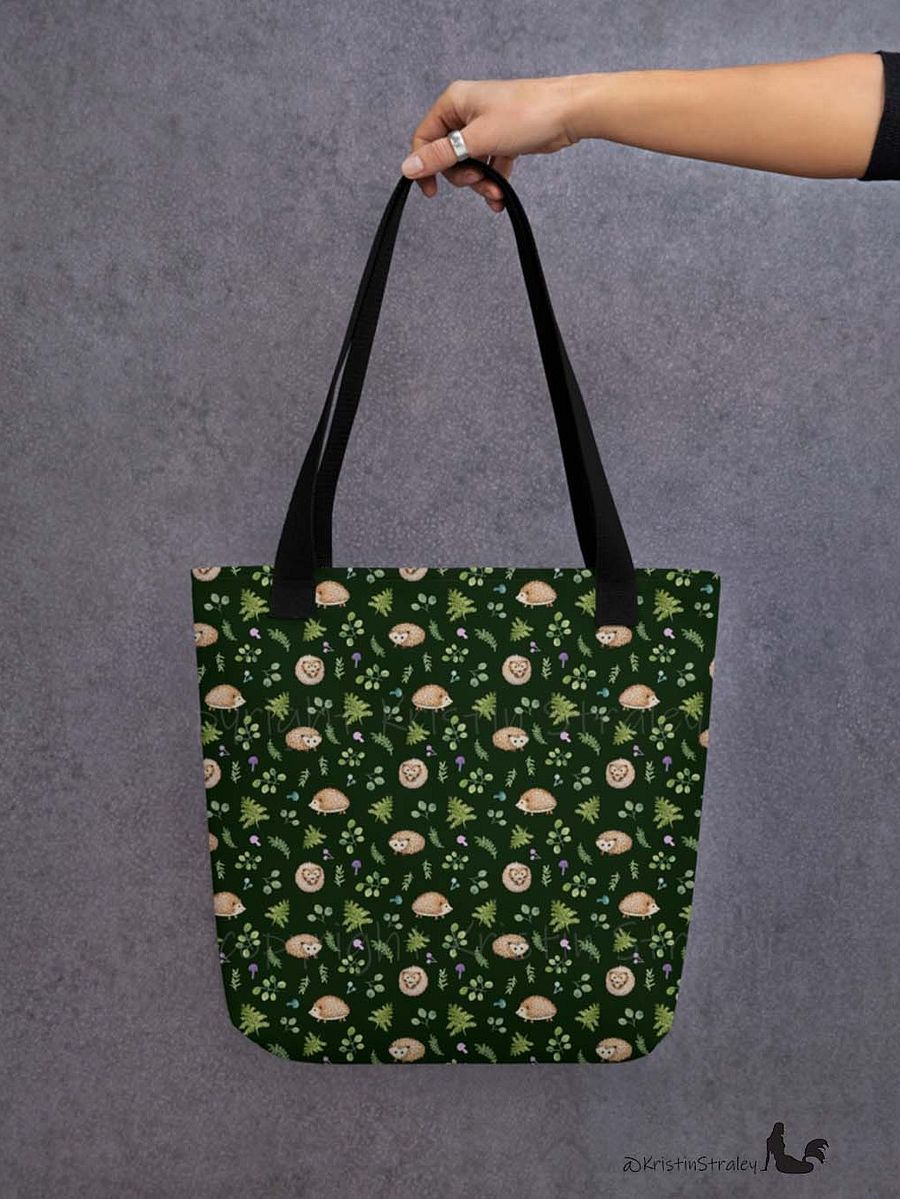 Hedgehogs with Ferns and Mushrooms on Dark Green Tote Bag product image (6)