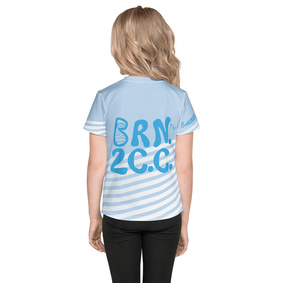 Girls' | Little Kids T-Shirt | BOURNE to Cape Cod™ | Front & Sleeve Logo | BRN.2C.C.™ Back Graphic | Vibrant Coastal Tee for Kids | Blue Logo on Skyline Stripes product image (2)