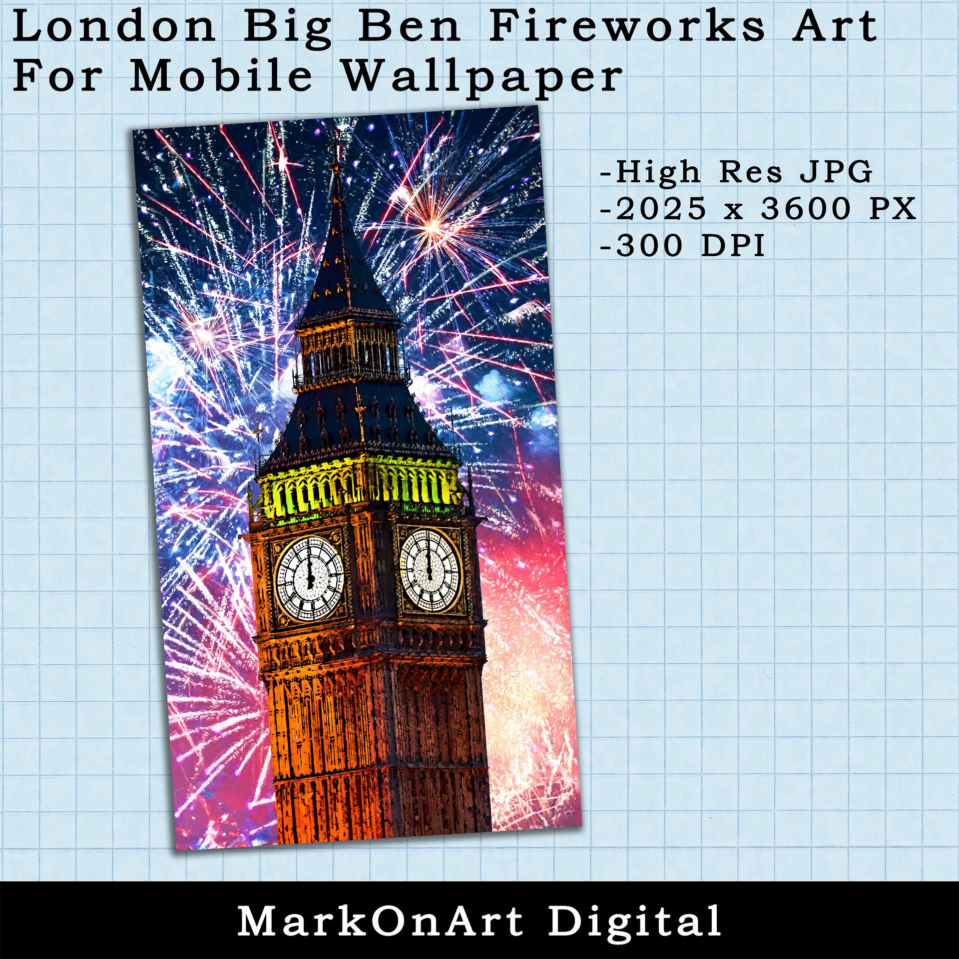 London Big Ben Fireworks Art For Mobile Phone Wallpaper or Lock Screen | High Res for iPhone or Android Cellphones product image (2)
