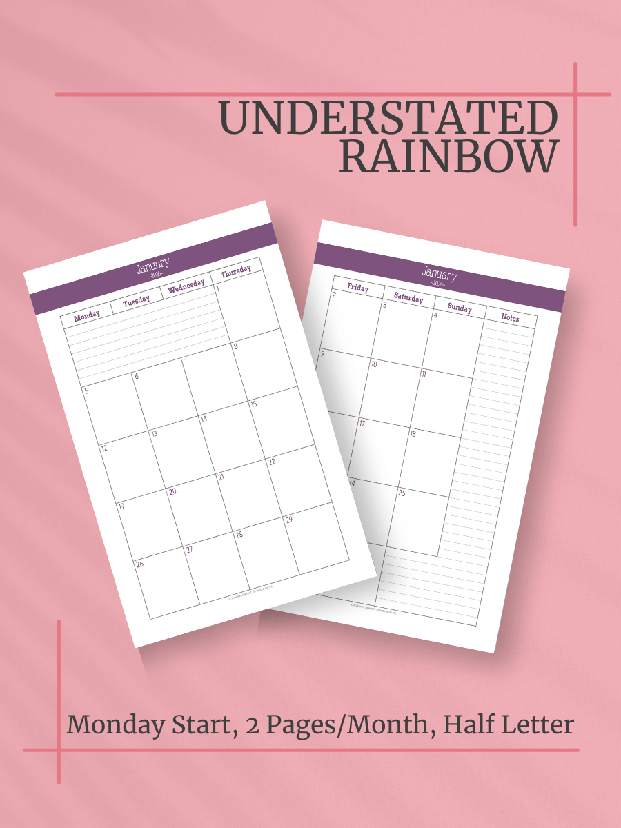 Understated Rainbow 2026 Calendar - 2 Pages per Month, Monday Start, Half Letter Size product image (1)