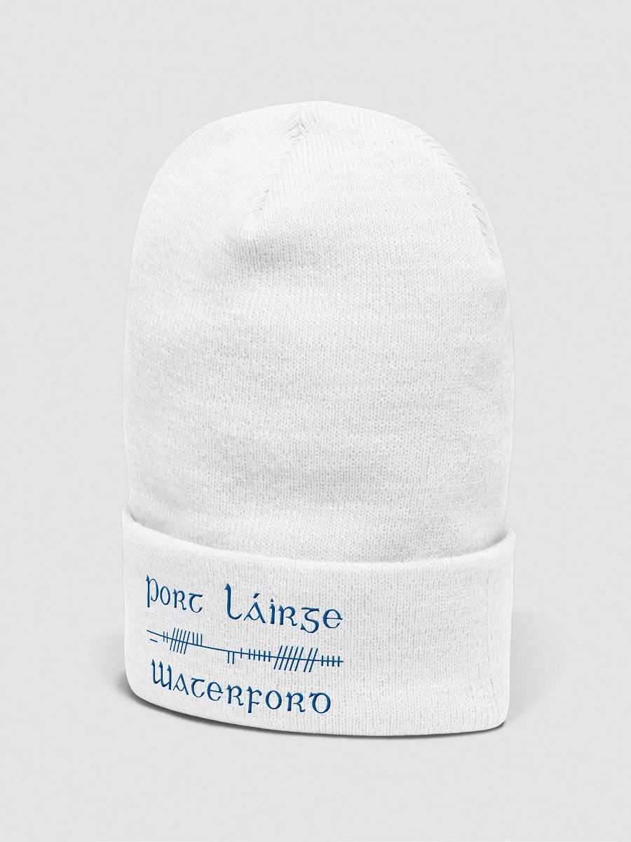 Waterford/Port Láirge, white with blue, Orthodox style Ogham embroidered Cuffed Beanie product image (4)