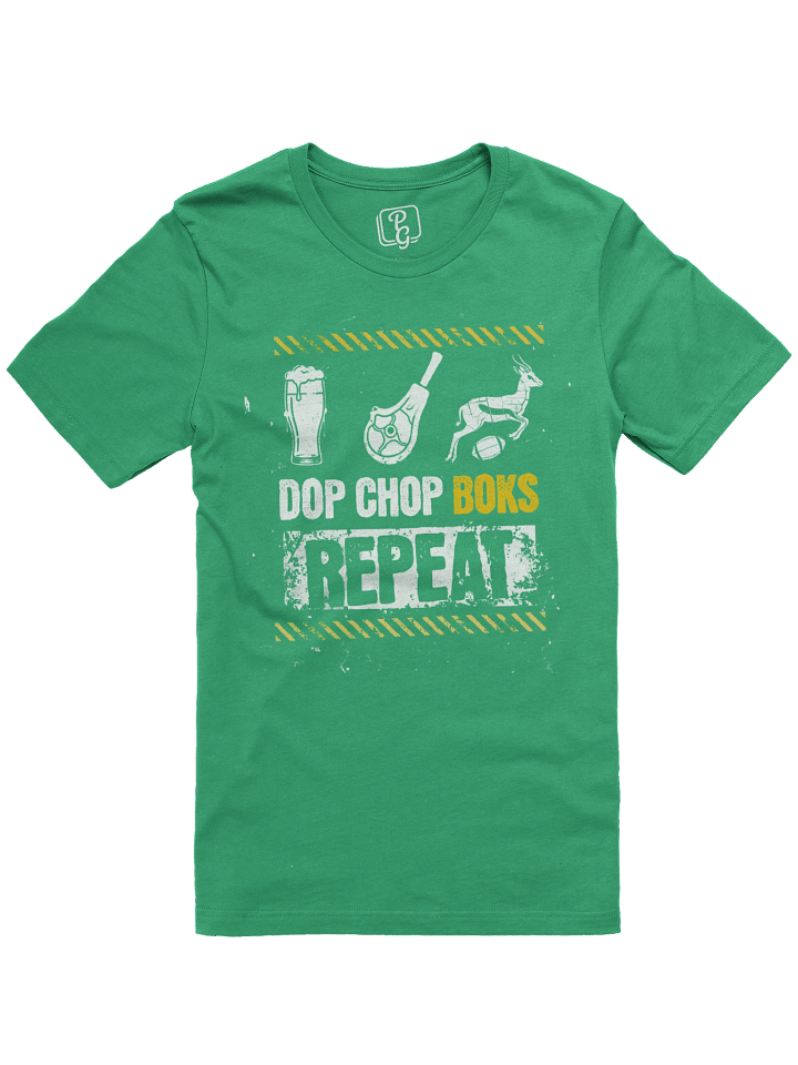 Plain Gedagtes | “DOP, CHOP, BOKS, REPEAT” Springbok Fan T-Shirt | Saffa Expat Gift & Afrikaans Slang Apparel product image (1)