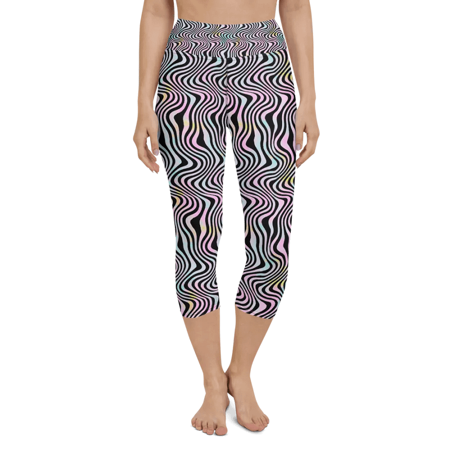 Yoga capri  leggings blue watercolour leafy design on black background product image (6)